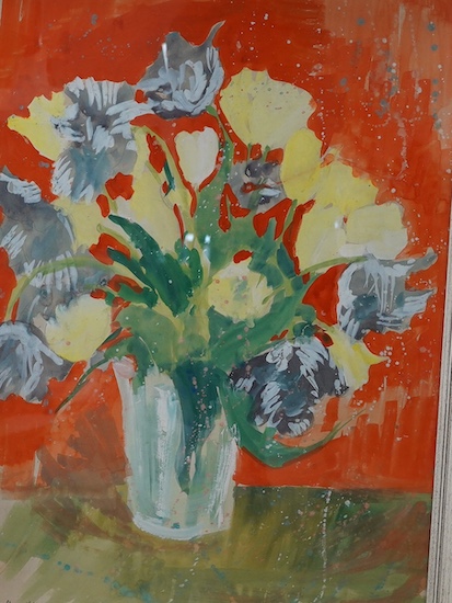 Gladwell, mid 20th century gouache, Still life of tulips in a vase, signed and dated '57, 72 x 52cm. Condition - good